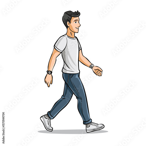 Cartoon man walking with casual wear and wristwatch in a side profile shot on a black background. Character design illustration.