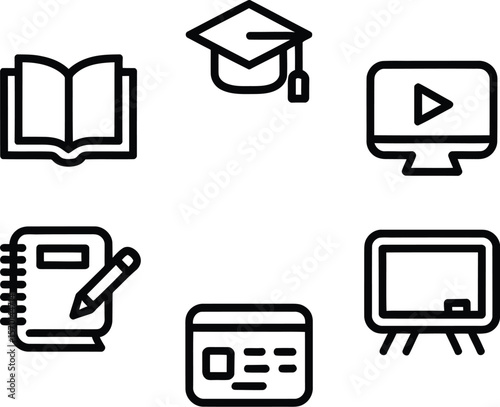 A collection of education icons arranged in a circle on a plain background here