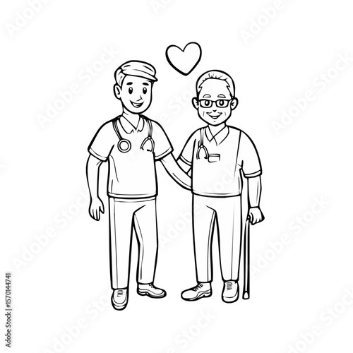 Two doctors showing compassion and affection with heart icon over black background monochrome illustration healthcare providers partnership