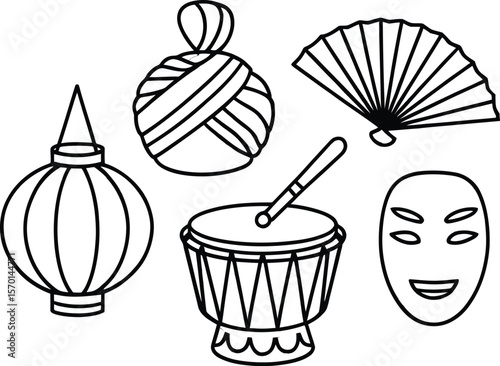 A collection of cultural items including a fan a drum a mask and a turban object