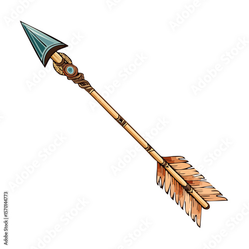 Illustration of a decorated arrow with a sharp metal head and feather fletching isolated on a black background