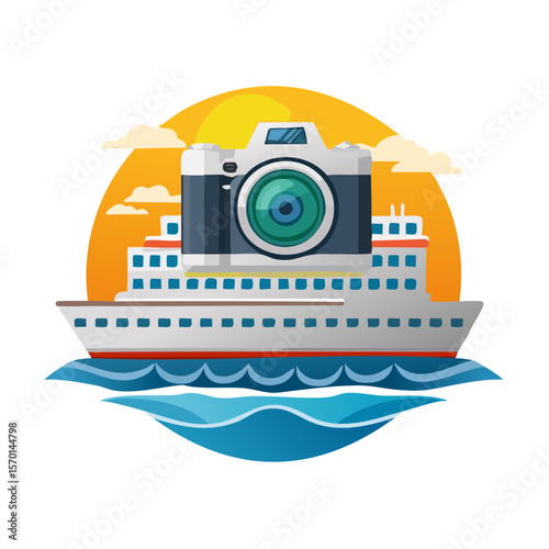 Cruise Ship Carrying Camera Sailing on Ocean Waters with Bright Sun and Clouds Holiday Vacation Illustration