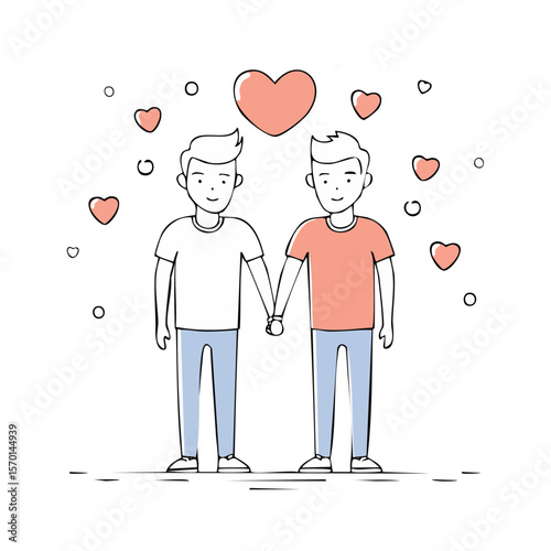 Two Men Holding Hands with Hearts Celebrating Love and Relationship on Black Backdrop
