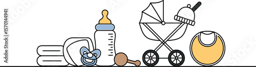 Illustration of baby items including stroller bottle bib and other accessories