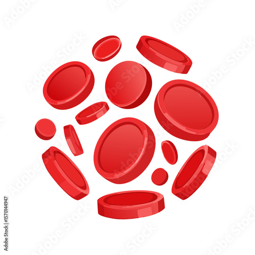 Red blood cells flowing in bloodstream illustration. Medical science and health concept for blood donor day and hematology. Microscopic view of erythrocytes.