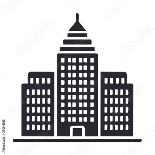 Stylized building illustration with skyscraper and modern architecture against black backdrop simple icon design for urban or business themes
