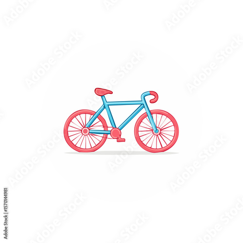 Stylized bicycle graphic on white circle background featuring blue frame and red wheels cycling and transportation concept
