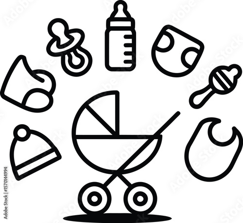 Illustration of baby stroller and accessories in black outline on white background