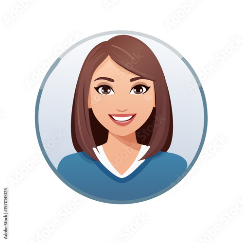 Cartoon Portrait of Smiling Brunette Woman in Circle Avatar on Black Background
