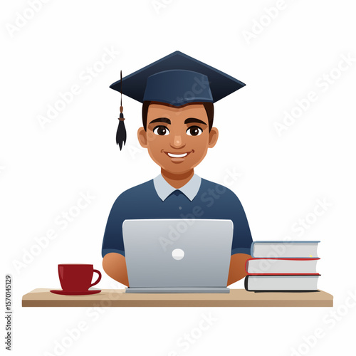 E-learning Student Studying at Laptop with Graduation Cap, Books, and Coffee – Online Education Vector
