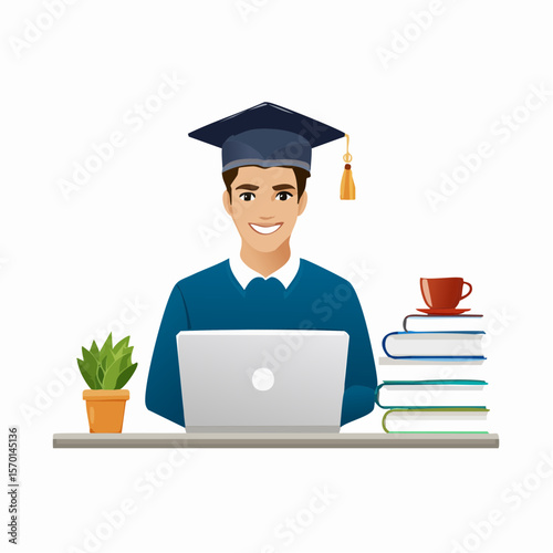 E-learning Student Studying at Laptop with Graduation Cap, Books, and Coffee – Online Education Vector