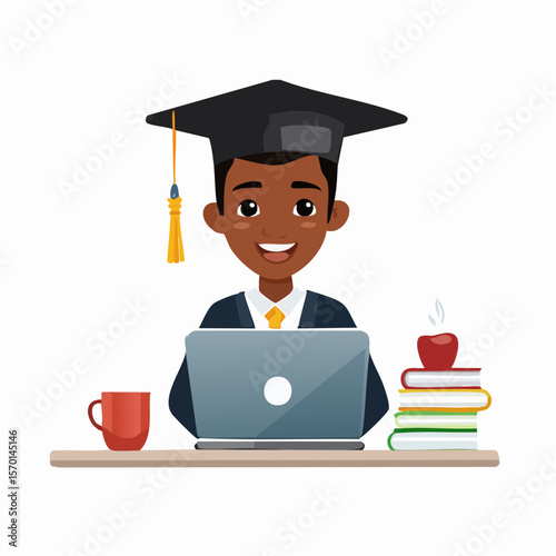 E-learning Student Studying at Laptop with Graduation Cap, Books, and Coffee – Online Education Vector