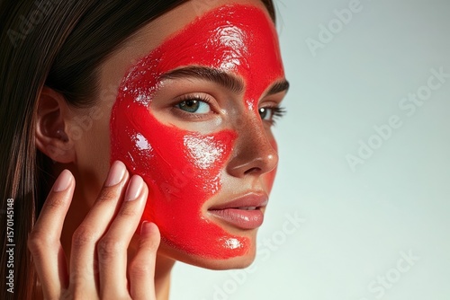 Woman applying a vibrant red face mask, enhancing her beauty routine.