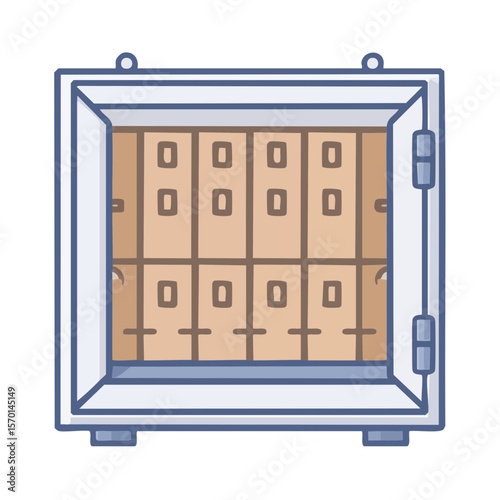 Open locker bank with multiple compartments in a cartoon style illustration for secure storage