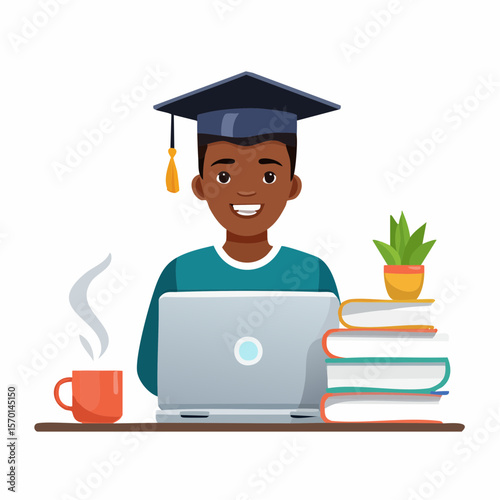 E-learning Student Studying at Laptop with Graduation Cap, Books, and Coffee – Online Education Vector