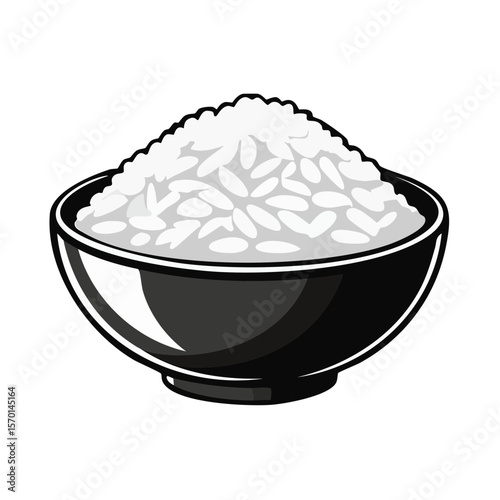 Bowl full of cooked white rice vector illustration Asian cuisine staple Carbohydrate source served portion meal Traditional food isolated