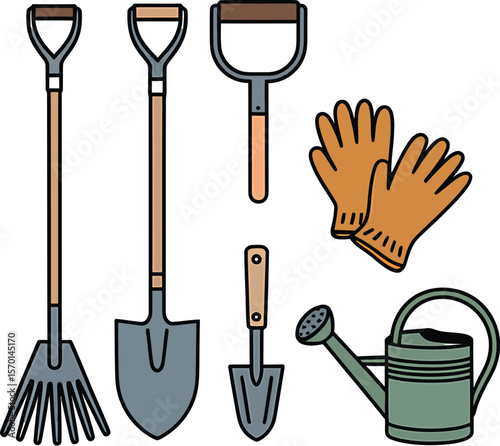Illustration of gardening tools including shovels rake gloves and watering can