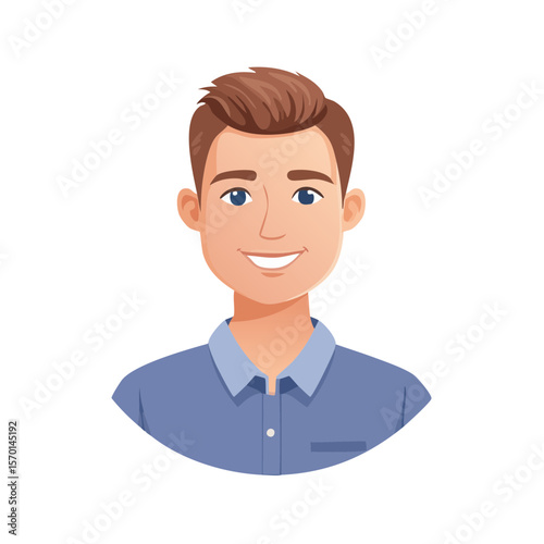 Smiling Young Man Portrait Illustration with Blue Eyes and Shirt on a Black Background