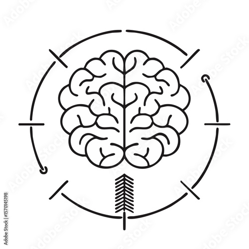 Brain surrounded by growth arrows on black background concept for learning and innovative ideas and mental health awareness