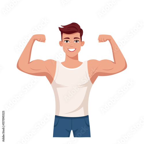 Cartoon Man Flexing Biceps and Smiling Wearing Casual White Tank Top and Blue Pants