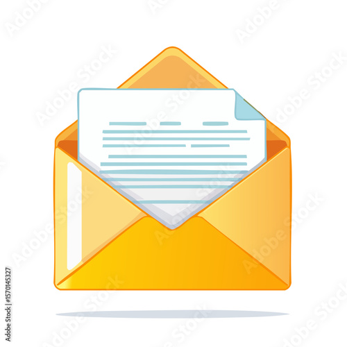 Stylized Open Envelope with Paper Letter Symbolizing Communication Delivery and Message Notification