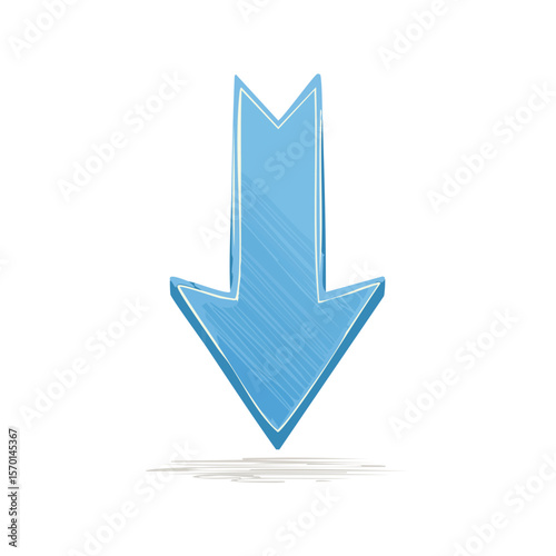Light blue downward arrow graphic design element illustration with hand drawn sketch effect on clean black backdrop