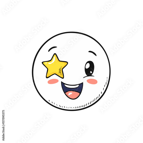 Cartoon Emoji with Star Eye Patch Smiling Brightly on Black Background, Comic Style Expression Character