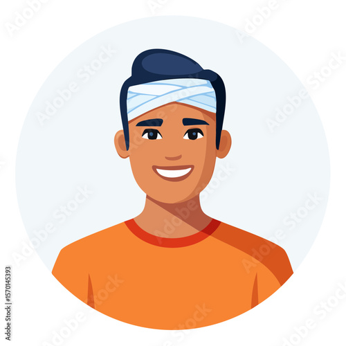 Man with head injury wrapped in bandage smiles after accident recovery healthcare illustration