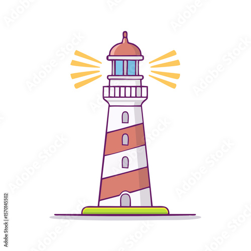 Striking Isolated Lighthouse with Beams Shining on Black Background, Cartoon Style Nautical Navigation