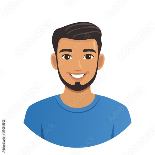 Smiling Man Cartoon Portrait, Brunette Hair, Beard, Wearing Blue T-Shirt on a Black Background, Head and Shoulders