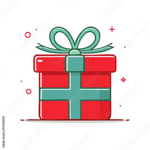Red gift box illustration with green ribbon bow for Christmas or birthday celebration holiday present surprise
