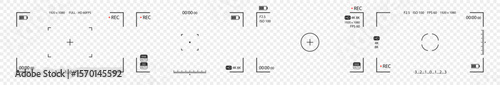Realistic camera viewfinder overlays set with recording and focus indicators on transparent background