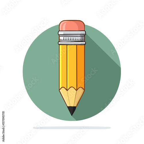 Cartoon Illustration of a Yellow Pencil with Eraser on Green Circle Background, Writing