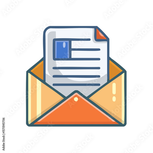 Envelope with document inside for email or letter cartoon illustration message delivery open communication isolated