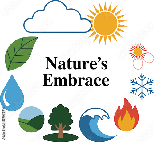 Illustration of nature elements circling the text nature's embrace word art
