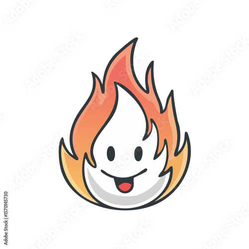 Cheerful cartoon fire flame with a smiling face and tongue sticking out on a black background.