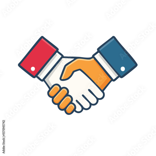 Illustration of business deal, partnership, cooperation, handshake with colorful cuff suits on a black background.