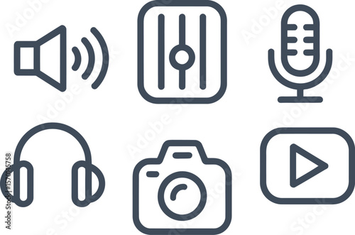 Illustration of media icons including sound camera microphone and headphones