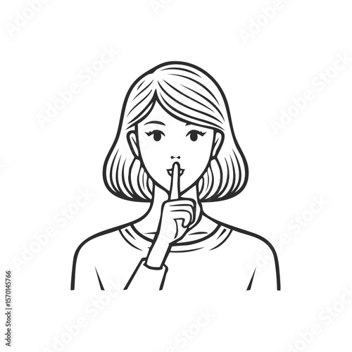 Woman Putting Finger to Lips, Shushing Gesture Line Art Black Background