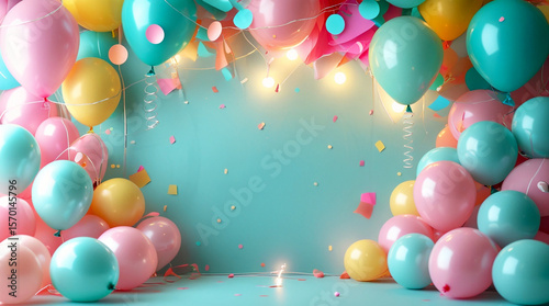 Festive party background with colorful balloons, confetti, fairy lights, glowing bokeh, soft tones of mint, turquoise, and blush pink, modern elegant design with central text space