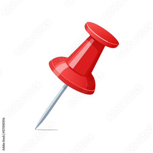 Close-up of a red push pin illustration with a metal needle on a black background. Office equipment and stationery concept