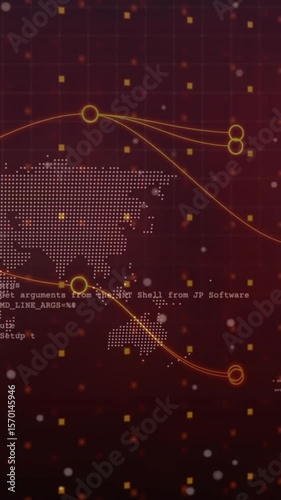 Animation of network of connections and globe over data processing and world map on black background