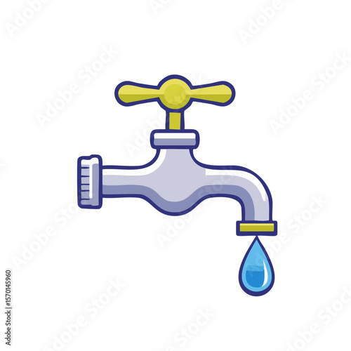 Illustration of a faucet with water drop, water conservation theme, resource management, plumbing fixture, isolated on a dark background