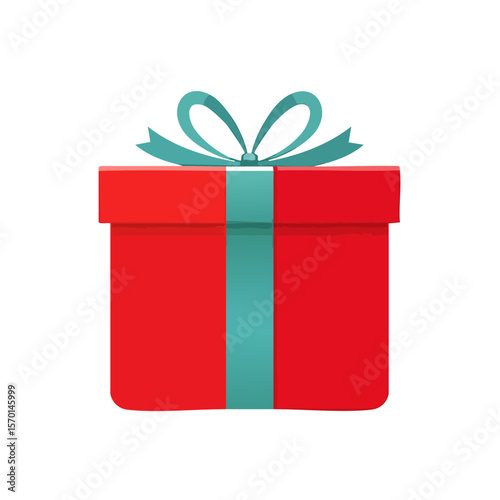 Festive red gift box illustration with turquoise ribbon and bow on a black background for celebrations and special occasions