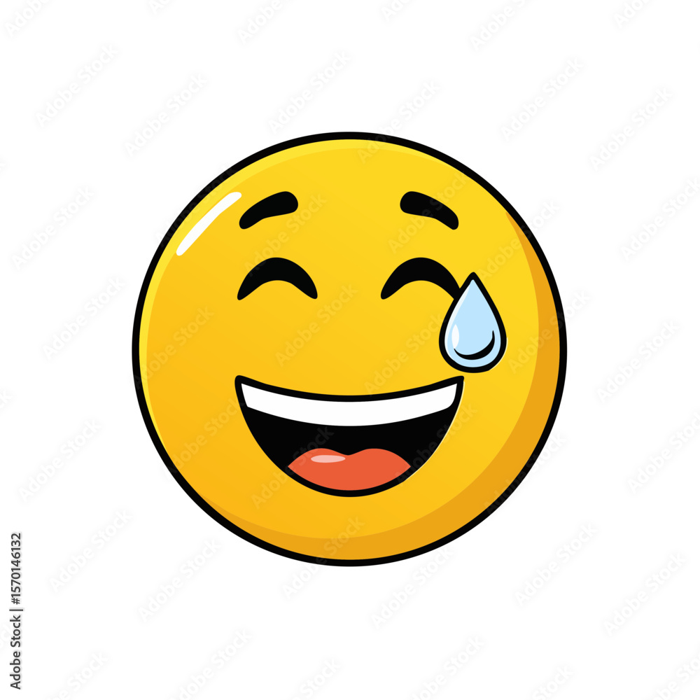 Fototapeta premium Laughing Emoji with a Droplet, Showing Humor and Relief on a Yellow Round Face