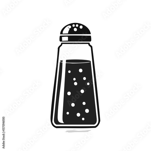 Black and white salt shaker illustration. Classic condiment dispenser with a simple design. Kitchen and dining accessory. Restaurant seasoning vector graphic.