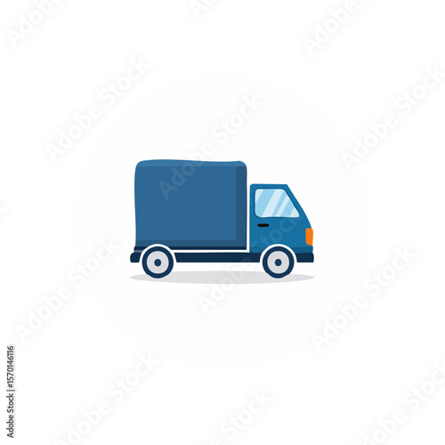 Blue Delivery Truck Illustration on a White Circle Background, Flat Design Vehicle, Cargo Transport Icon