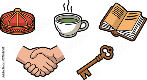 Illustration of a fez, cup of tea, book, handshake, and key on a white background
