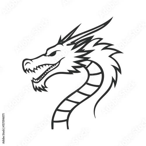 Gray Outline Drawing of Mythical Dragon Head on a Black Background