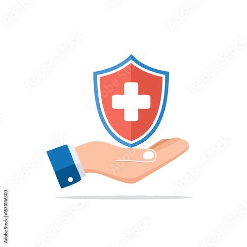 Hand holding healthcare shield symbol offering health protection and medical insurance cover concept in flat vector design